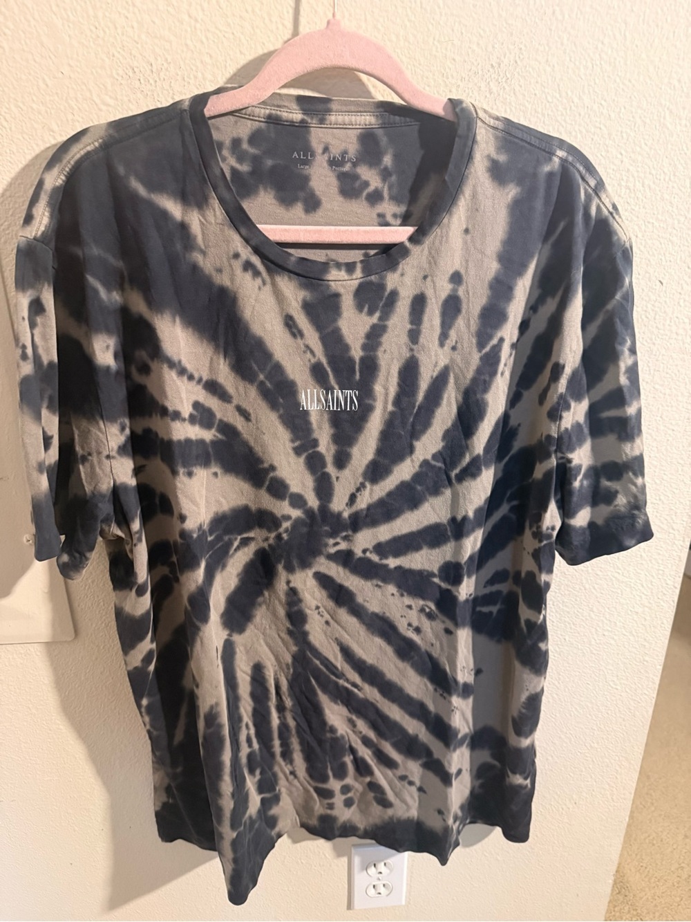 AllSaints Gray Black Tie Dye Crewneck T-Shirt Large Portugal Cotton Tee - Picture 1 of 7